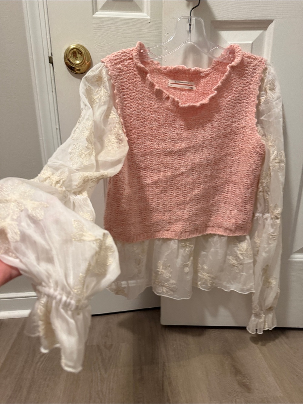 Anthropologie Pink Knit Overlay Blouse with Cream Sheer Sleeves